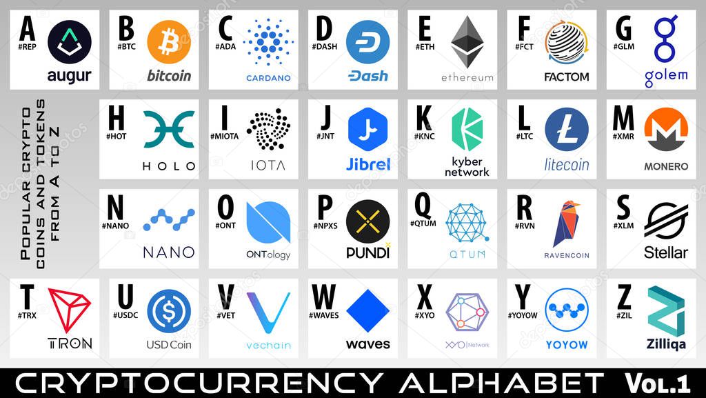 Cryptocurrency alphabet. Vol.1. Set of crypto coins and tokens logos from A to Z. Vector bitcoin and altcoins signs collection