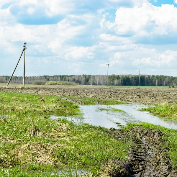 Duben. Louže na okraji pole — Stock fotografie