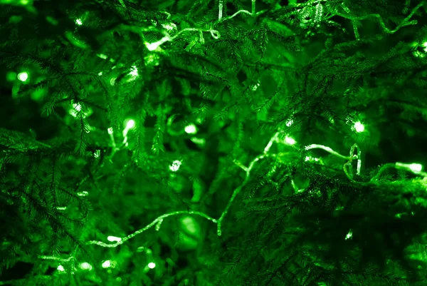 Fragment of a Christmas tree with green LED garland — Stock Photo, Image