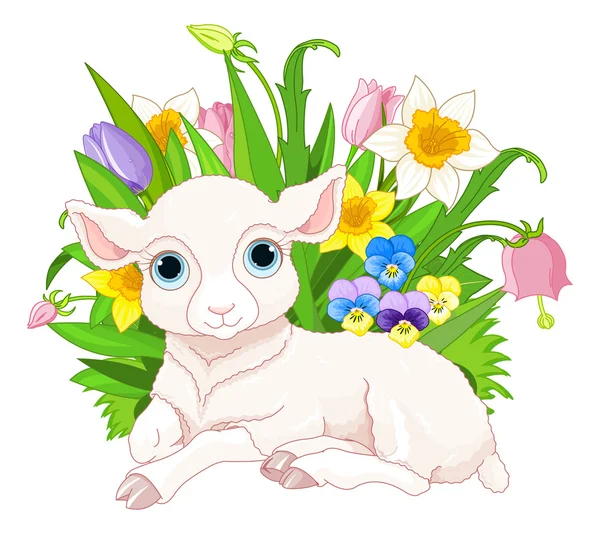 Вівці сидять у купі квітів — стоковий вектор