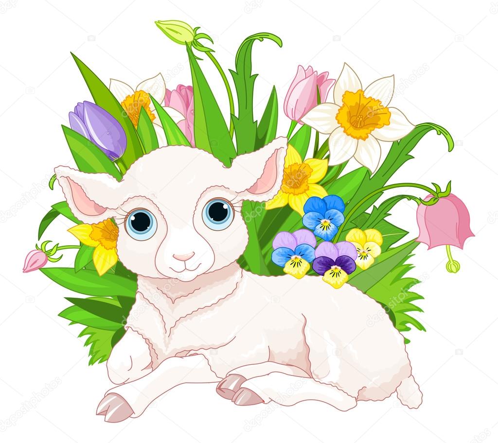 sheep sits in bunch of flowers