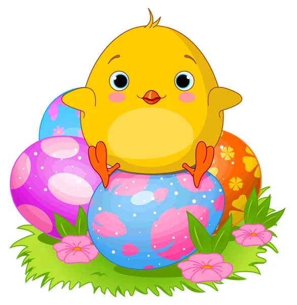 Chick sitting on Easter eggs — Stock Vector