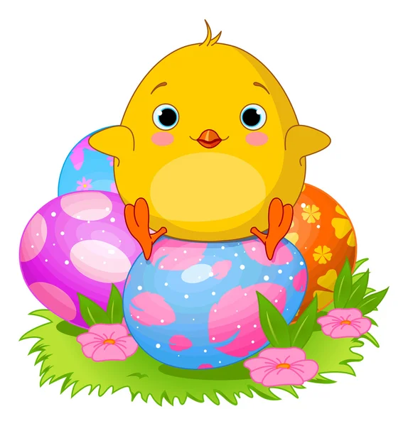 Chick sitting on Easter eggs — Stock Vector