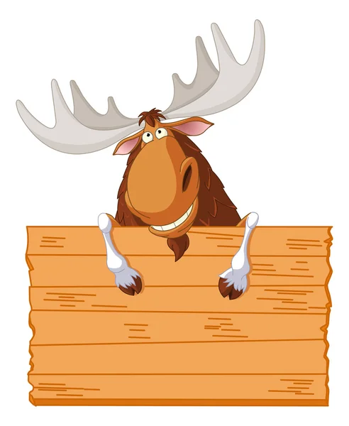 Cute moose holding wooden sign — Stock Vector