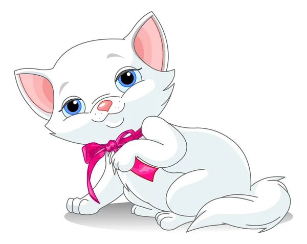 Chaton blanc avec ruban rose noeud — Image vectorielle