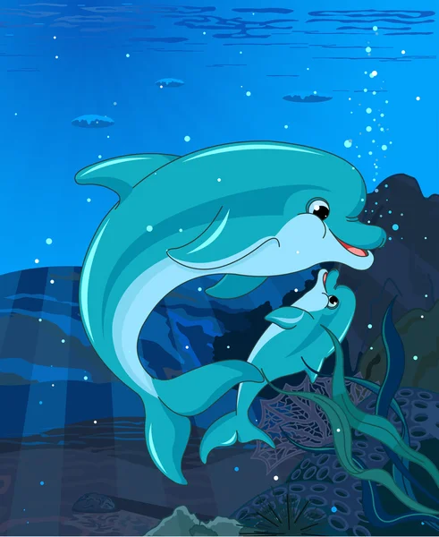 游泳海豚在蓝色的海洋 — 图库矢量图片