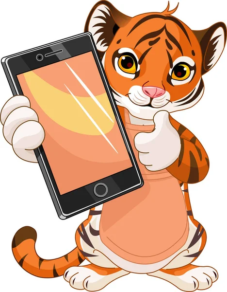 可爱的小虎拿着智能手机 竖起大拇指的矢量图解 — 图库矢量图片