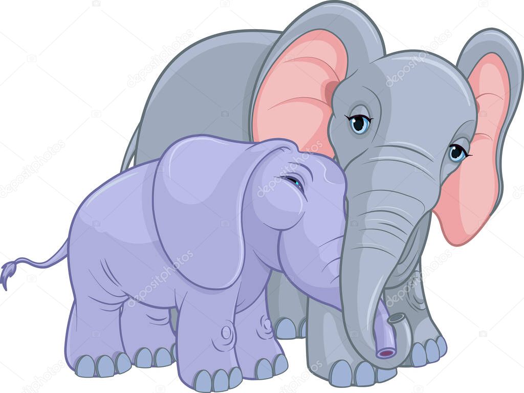 cartoon family of cute little elephants with big eyes and ears