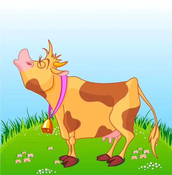 La vaca gime en un prado soleado . — Vector de stock