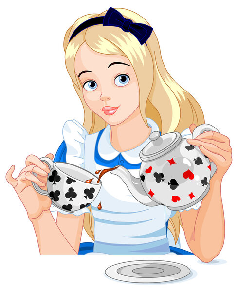 Alice pours a cup of tea from the kettle