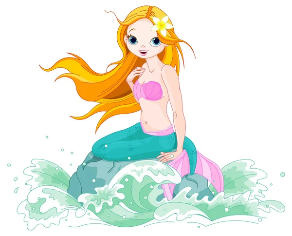 Sirena chica sentada en la piedra — Vector de stock