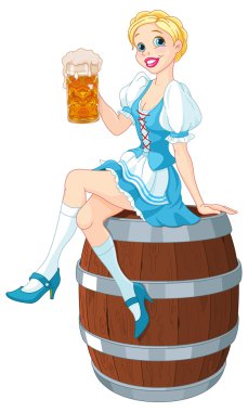 Alman kız fıçıda oturuyor ve bardağı tutuyor.