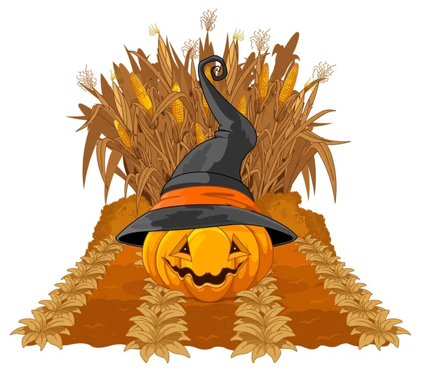 Halloween pumpkin on corn maze — Stock Vector