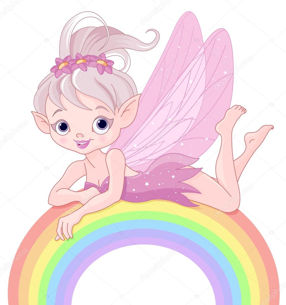 Beautiful pixie fairy lies on rainbow