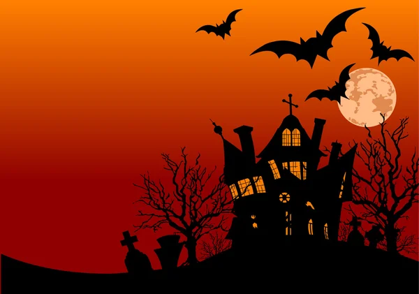 Halloween strašidelný dům obklopený netopýrů — Stockový vektor