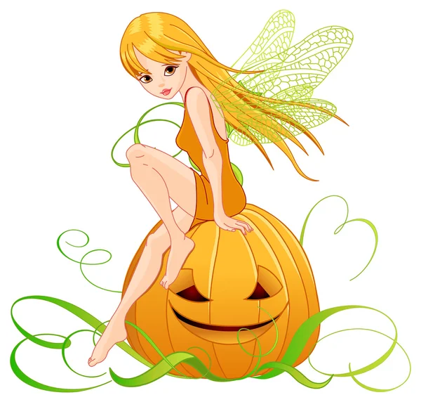 Cute fairy sitting on pumpkin — Stock Vector