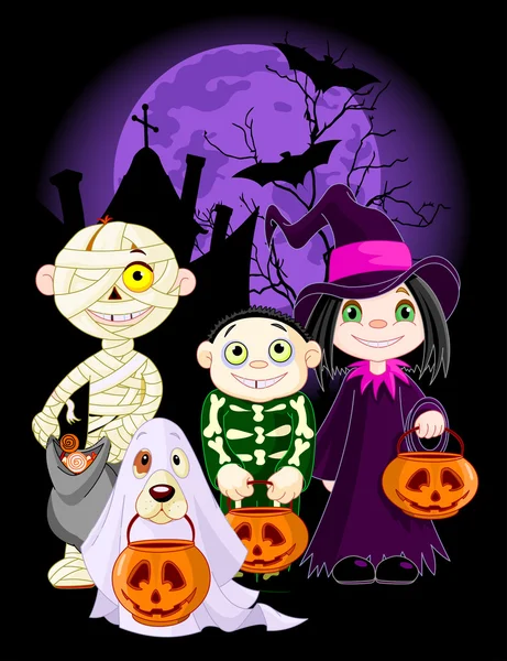 Halloween niños en disfraz de Halloween — Vector de stock