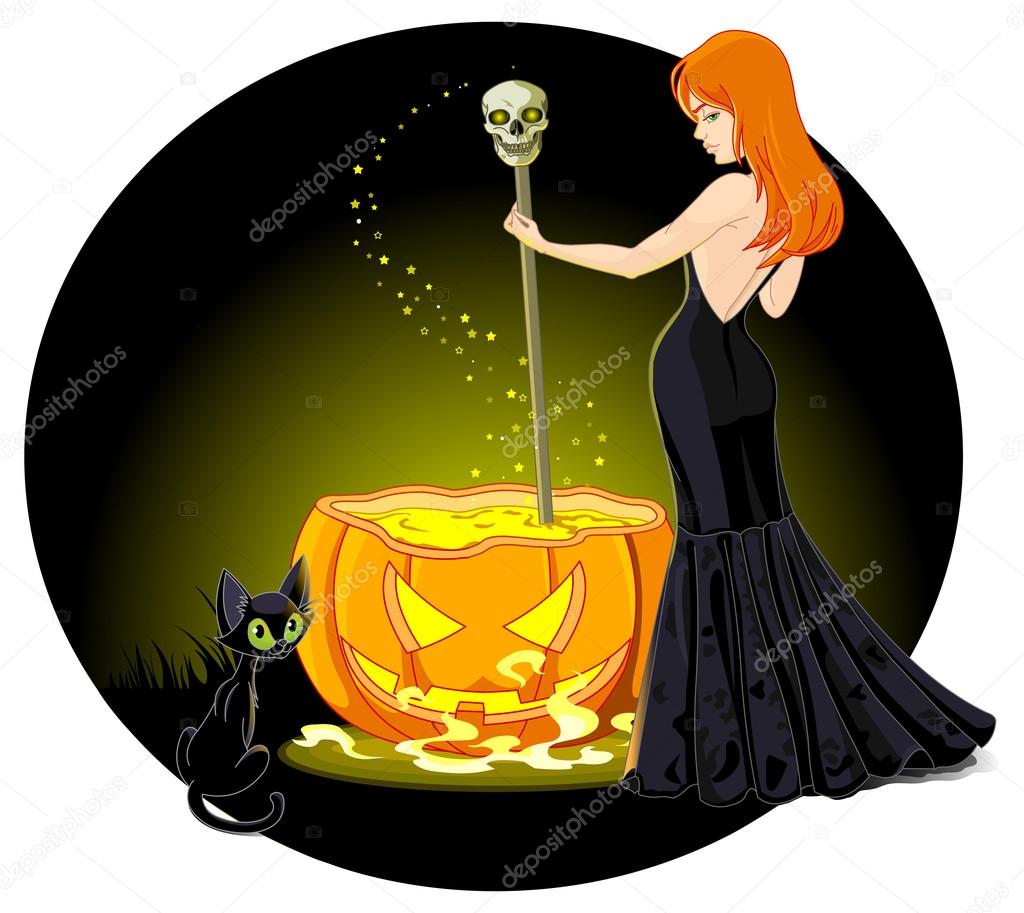Sexy witch mixes a potion in a cauldron