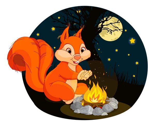 Squirrel warms hands near a campfire — Stock Vector