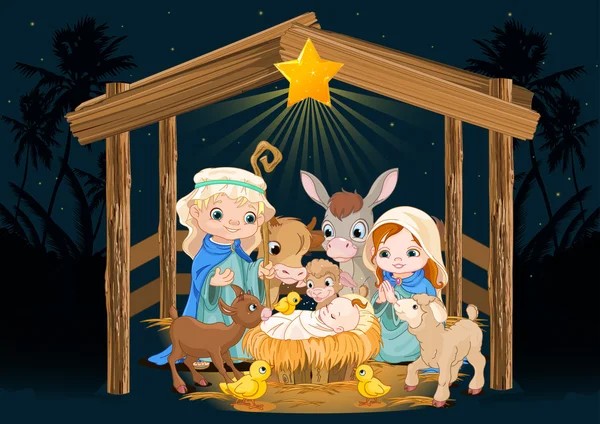 Natal Natal adegan kelahiran dengan keluarga suci Stok Ilustrasi Bebas Royalti