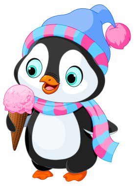 Şapka ve atkı olan penguen dondurma yiyor