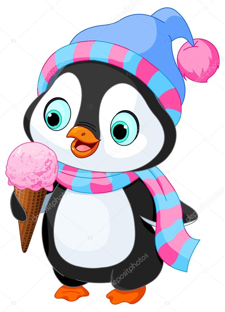 Cute penguin with hat and scarf eats an ice cream
