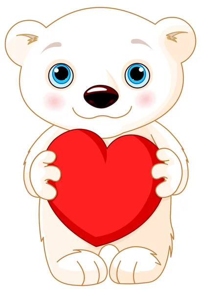 Lindo oso polar sostiene un corazón — Vector de stock