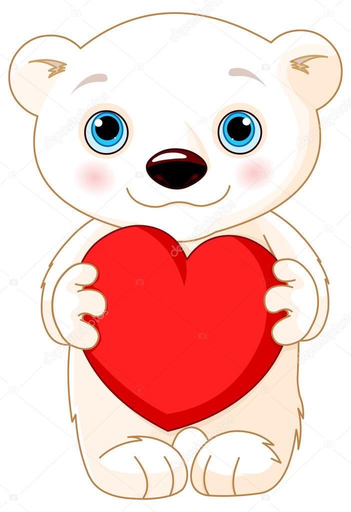 Cute polar bear holds a heart