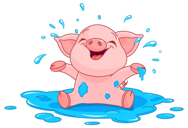 Lindo cerdito en un charco — Vector de stock