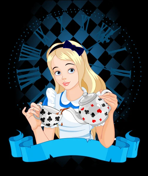 Alice verse une tasse de thé de la bouilloire — Image vectorielle