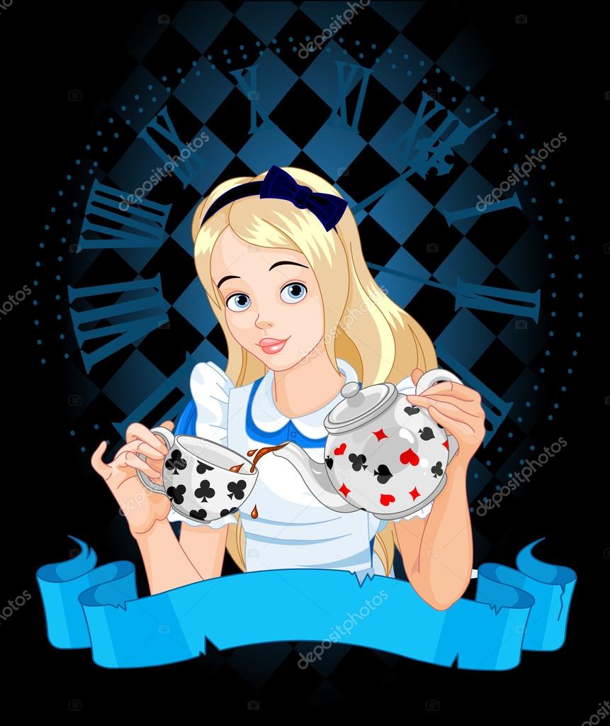 Alice pours a cup of tea from the kettle. Vector illustration