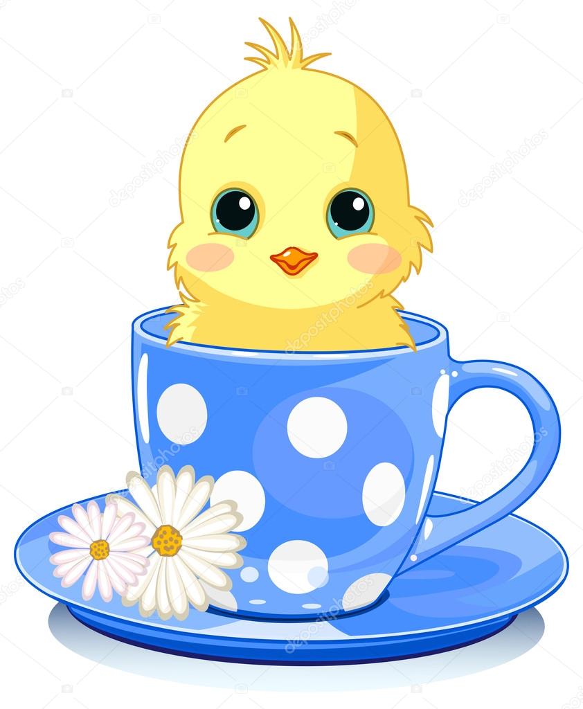 Chicken sits in tea cup.