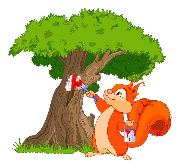 Cute squirrel paints a tree — Stock Vector