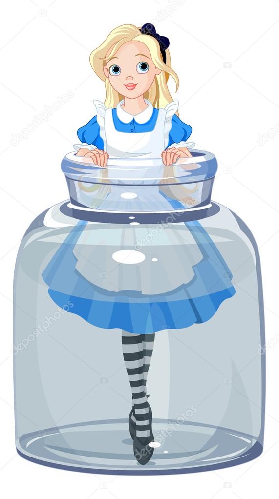 Alice stands in a transparent jar, vector illustration