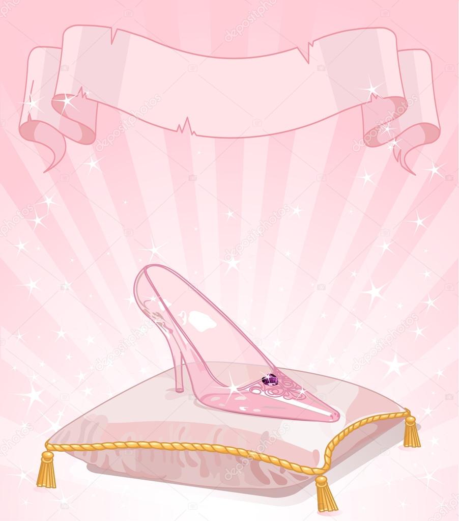 Glass slipper on pink pillow