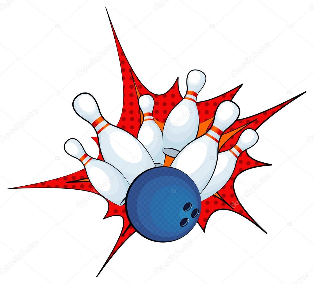 Bowling ball strike with falling pins