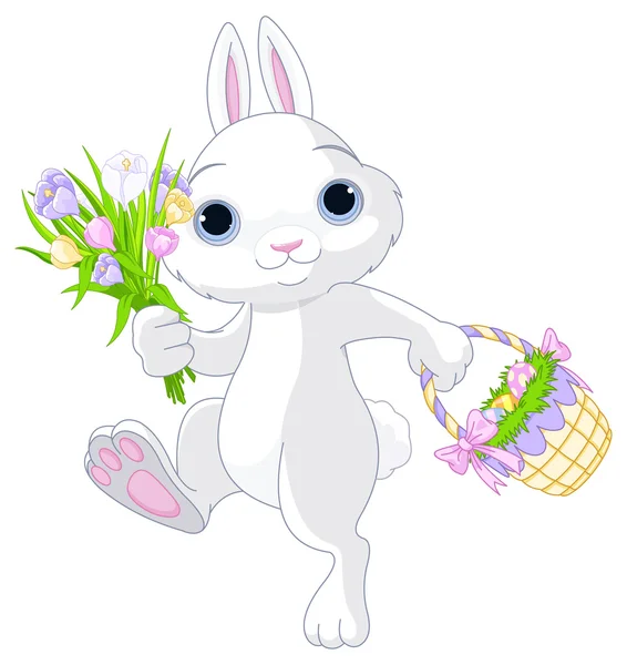 Il coniglietto di Pasqua tiene il cesto con uova — Vettoriale Stock
