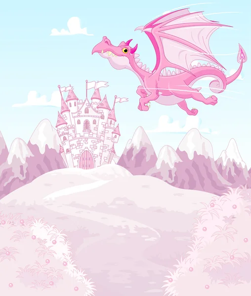 Dragón mágico en el fondo del castillo princesa — Vector de stock