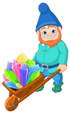 Gnome carries a wheelbarrow with crystals clipart