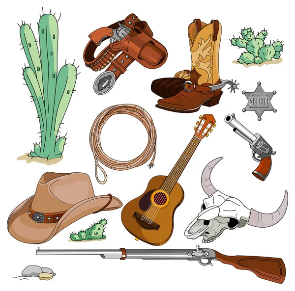 Ensemble d'objets occidentaux cow-boy vintage — Image vectorielle