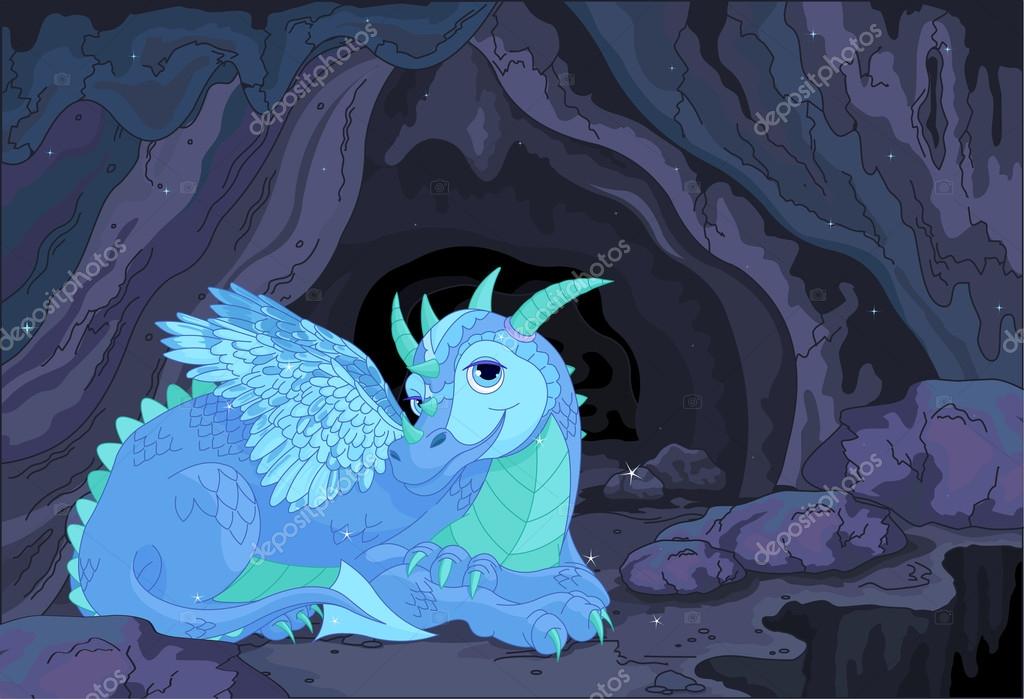 Illustration of a lady dragon on fairy cave background