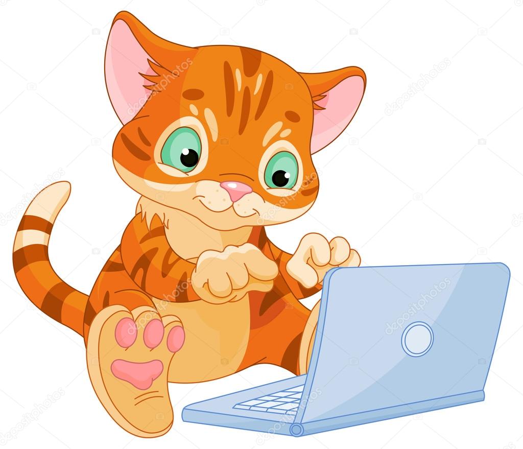 Illustration of sitting cute kitten with laptop