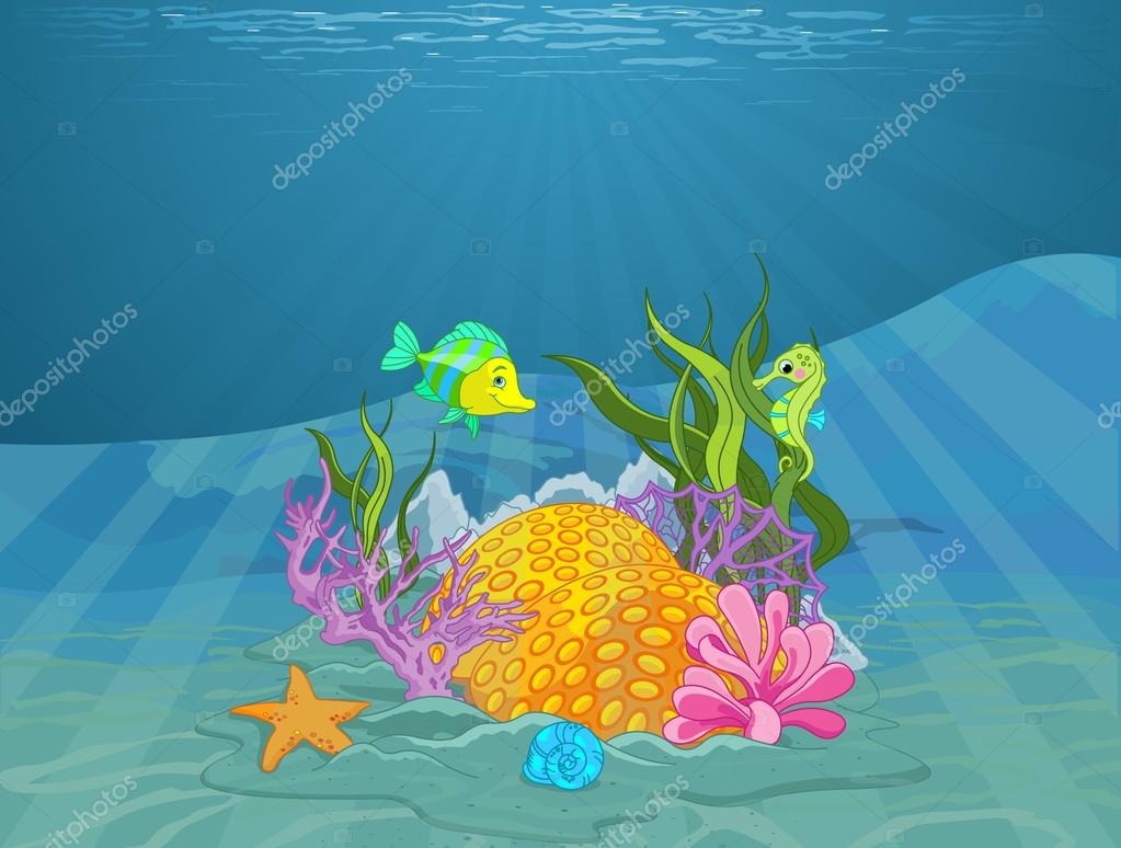 Illustration of wonderful seabed with coral reef and fish