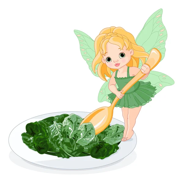 Spinach Fairy dengan sepiring salad bayam - Stok Vektor