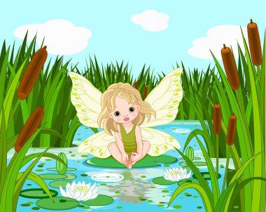 cute fairy sitting in leaf of lily