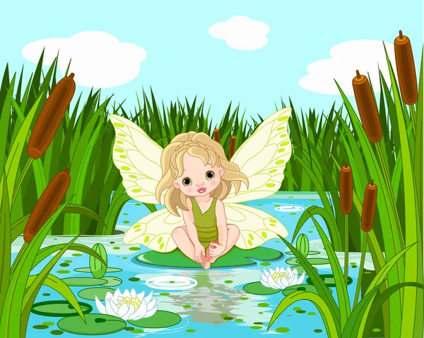 Cute fairy sitting in leaf of lily — 图库矢量图片