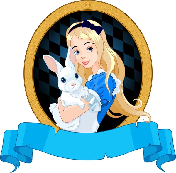 Alice sostiene conejo blanco — Vector de stock