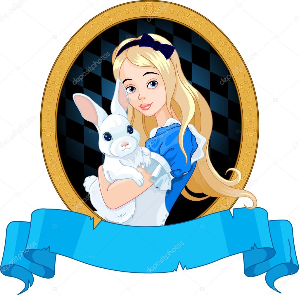 Illustration of Alice holds white rabbit