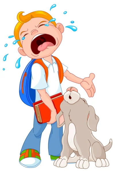 Niño llorando con perro — Vector de stock