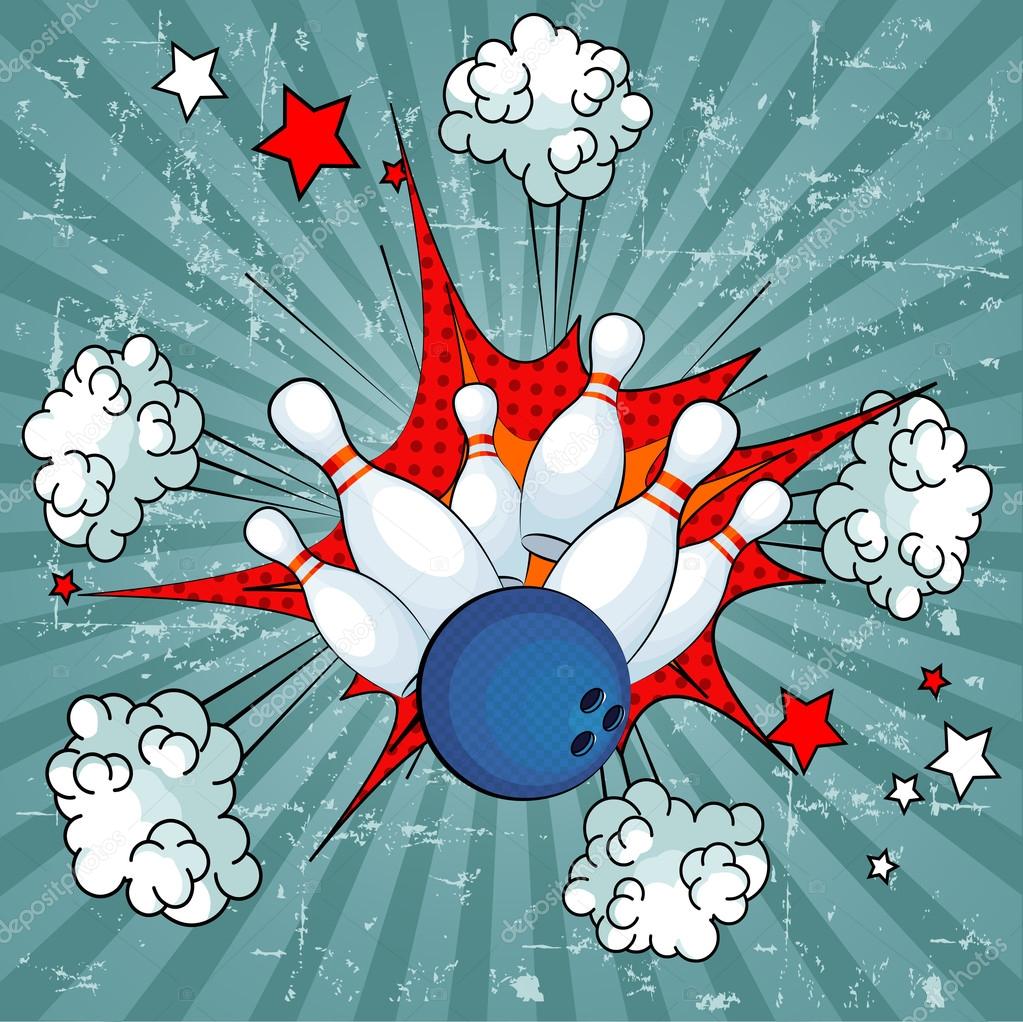 Vector illustration of a bowling strike with falling pins